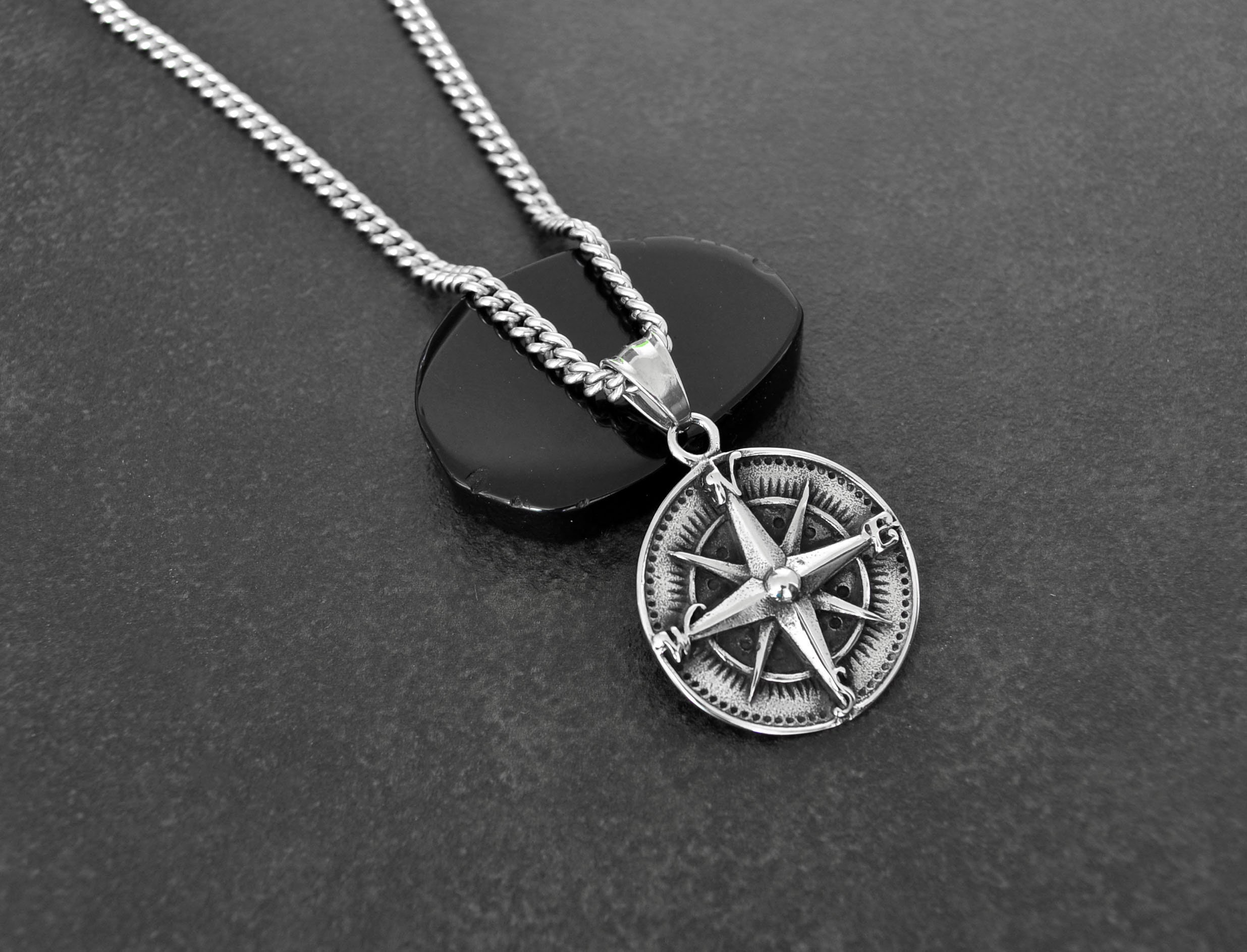 Compass Necklace Mens Compass Pendant on Stainless Steel Curb Etsy