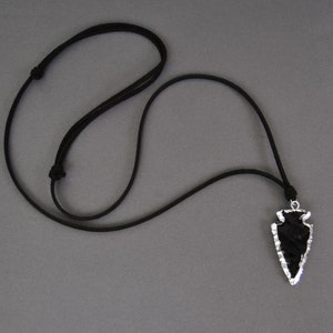 Black Obsidian Arrowhead On A Vegan Leather Cord, Mans Leather Necklace,  Black Leather Cord, Brown Leather Necklace
