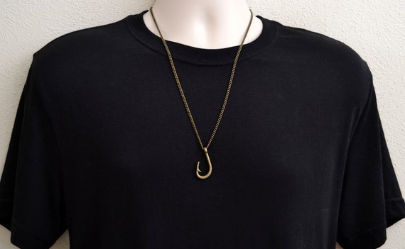 Fish Hook Necklace, Mans Necklaces, Antique Brass Curb Chain Necklace, Mans Pendant Necklace, Jewelry Gift For Man, Dad, Nephew, ABFH