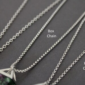 May include: Close-up of three different silver chain styles: cable chain, box chain, and rolo chain. Each chain is displayed with a pendant. The chains are on a dark gray background. Text labels identify each chain style.