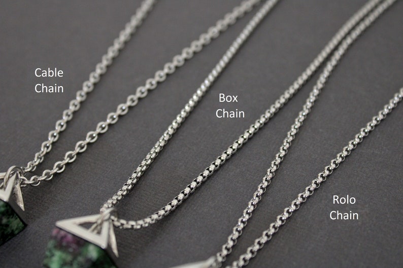 May include: Close-up of three different silver chain styles: cable chain, box chain, and rolo chain. Each chain is displayed with a pendant. The chains are on a dark gray background. Text labels identify each chain style.