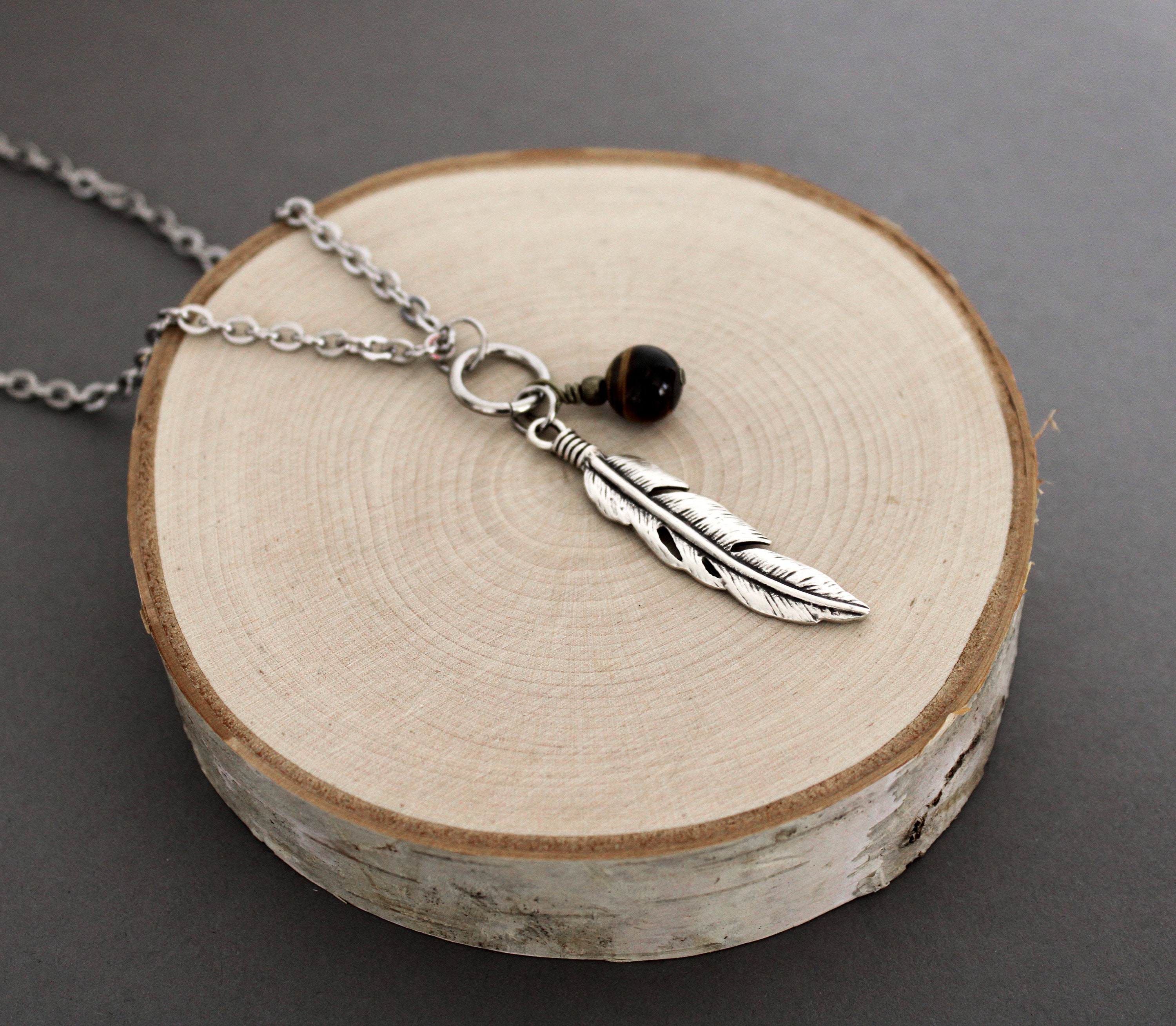 Silver Feather Necklace , Tigers Eye Bead, Feather Pendant