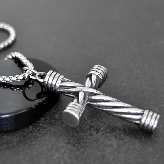 Bold Silver Twist Cross, Necklace for Men, Heavy Stainless