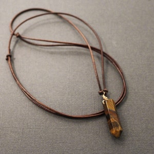 Tigers Eye Necklace, Mans Necklace,  Brown Leather Necklace, Tiger Eye Wire Wrapped