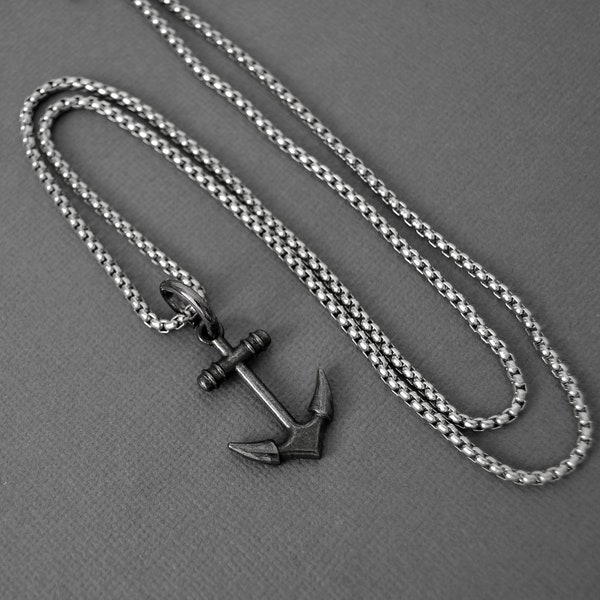 Mans Necklace, Anchor Necklace, Stainless Steel Box Chain