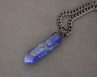 Lapis Gemstone Necklace, Wire Wrapped Lapis Lazuli On Gunmetal Curb Chain, Blue Lapis Pendant with Pyrite Flecks, BCB, 7 Pendant Choices