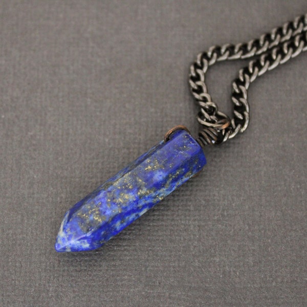 Mans Lapis Gemstone Necklace, Wire Wrapped Lapis Lazuli On Gunmetal Curb Chain, Blue Lapis Pendant with Pyrite Flecks, BCB