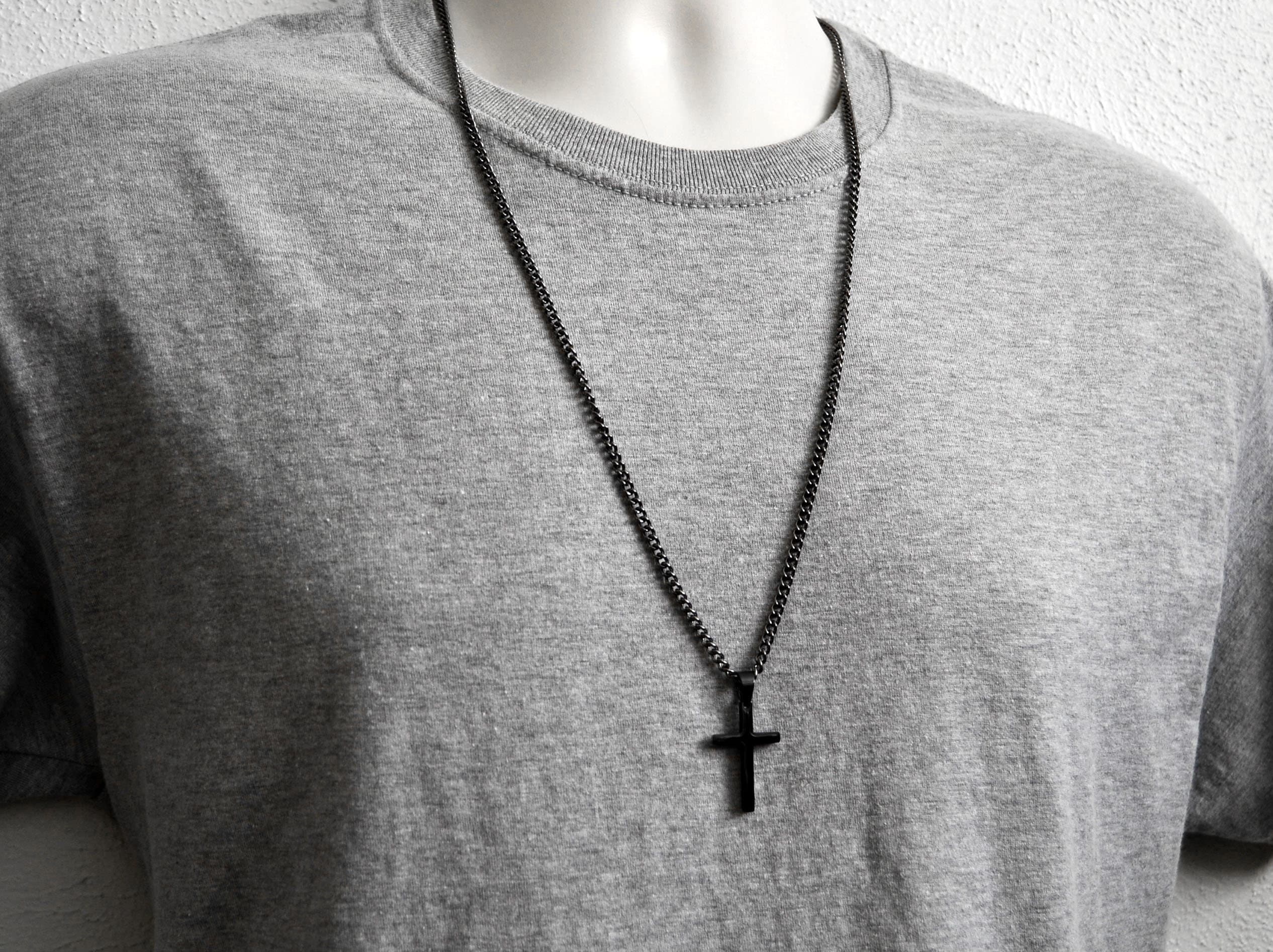 Mens Flared Black Enamel Cross Necklace - Sterling Silver Pendant on 24