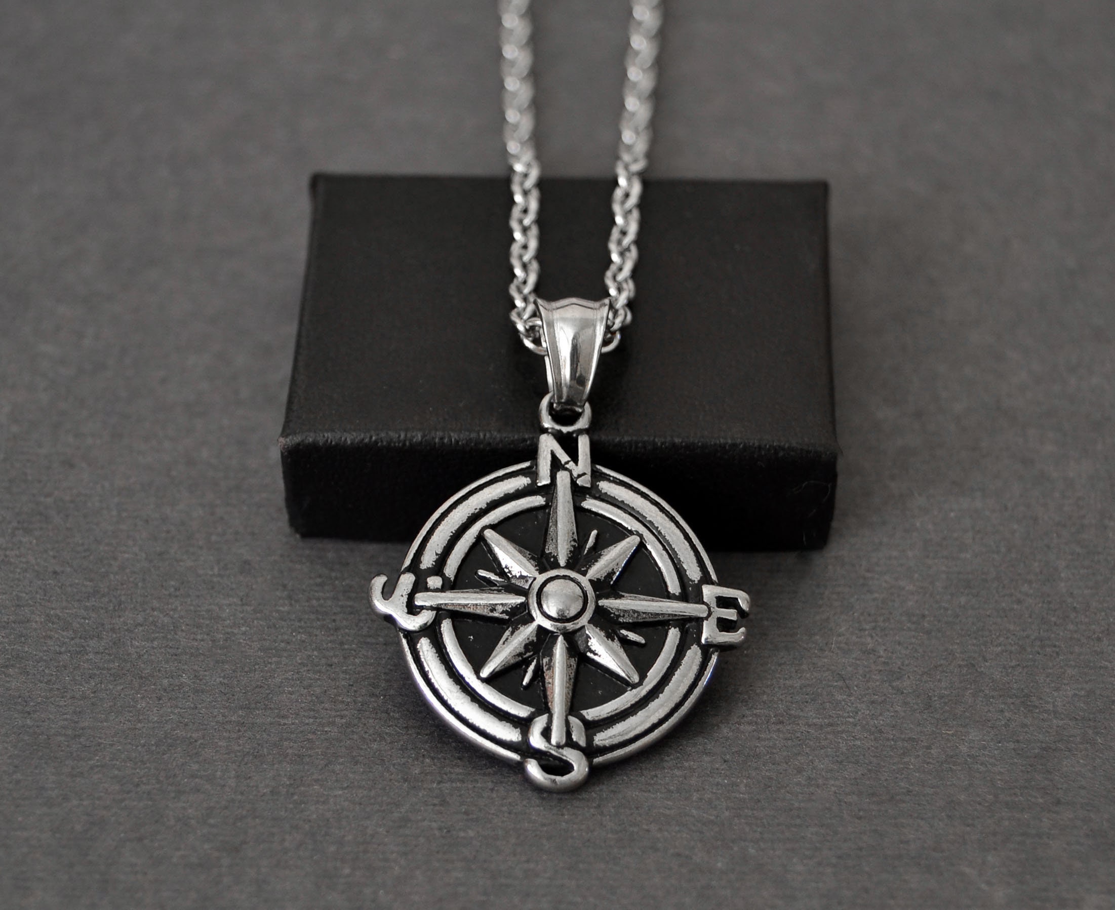 Mens Compass Necklace Silver Compass Necklace for Men Mens Etsy