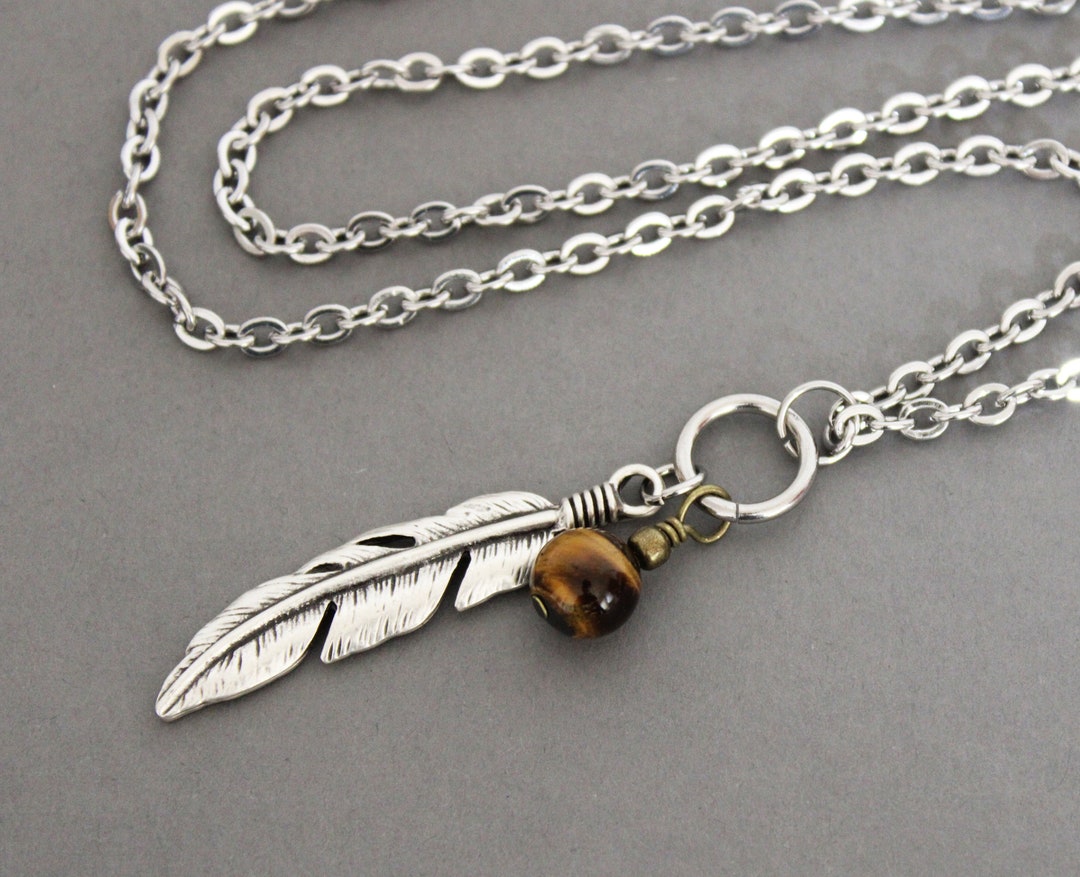 Silver Feather Necklace , Tigers Eye Bead, Feather Pendant