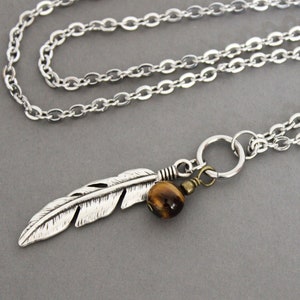 Silver Feather Necklace , Tigers Eye Bead, Feather Pendant On Stainless Steel Chain, Mans Necklace Gift
