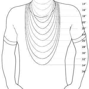 Peut inclure: Un tableau montrant diff&eacute;rentes longueurs de collier en pouces, allant de 14 pouces &agrave; 36 pouces. Le tableau est affich&eacute; sur un fond blanc avec un dessin d'une personne portant un collier.
