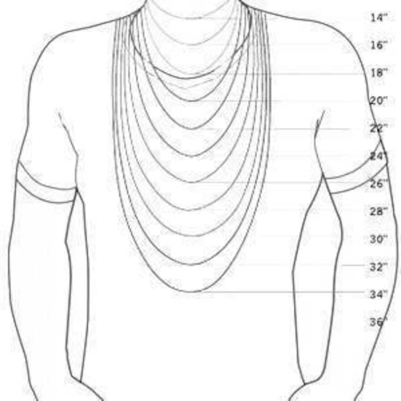 Peut inclure: Un tableau montrant diff&eacute;rentes longueurs de collier en pouces, allant de 14 pouces &agrave; 36 pouces. Le tableau est affich&eacute; sur un fond blanc avec un dessin d'une personne portant un collier.