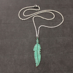 Verdigris Feather Necklace,Stainless Steel Chain,Layering,Long,Green,Vintage Copper Feather