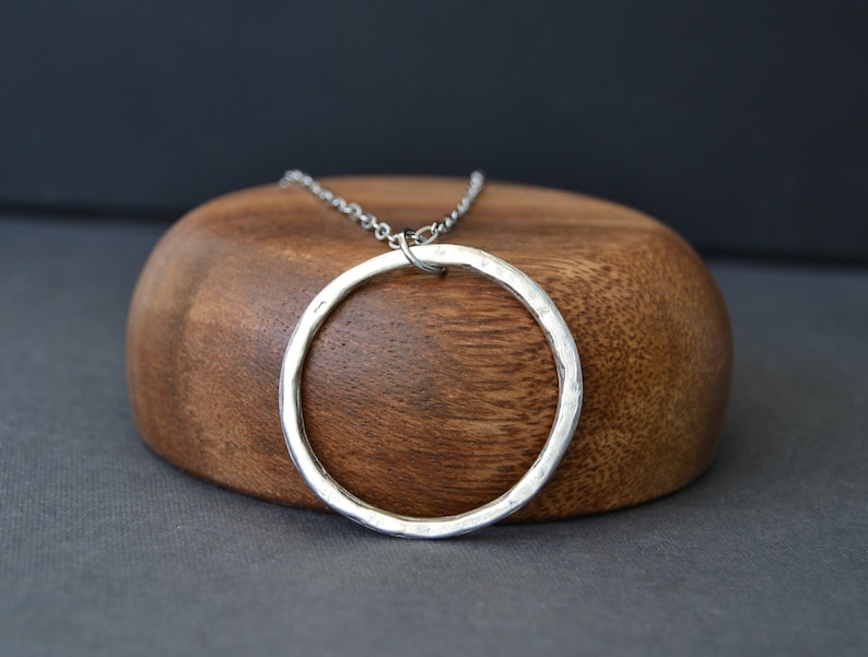 rainwaterbeads Circle Necklace for Women, Silver Plated Pendant on Stainless Steel Long Link Chain, Geometric Jewelry Gift for Her