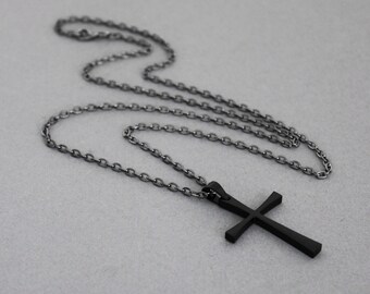 Black Cross Necklace, Goth Jewelry, Gunmetal Steel Cable Chain, Unique Gift, Last Minute Gift Idea, Gift For Her