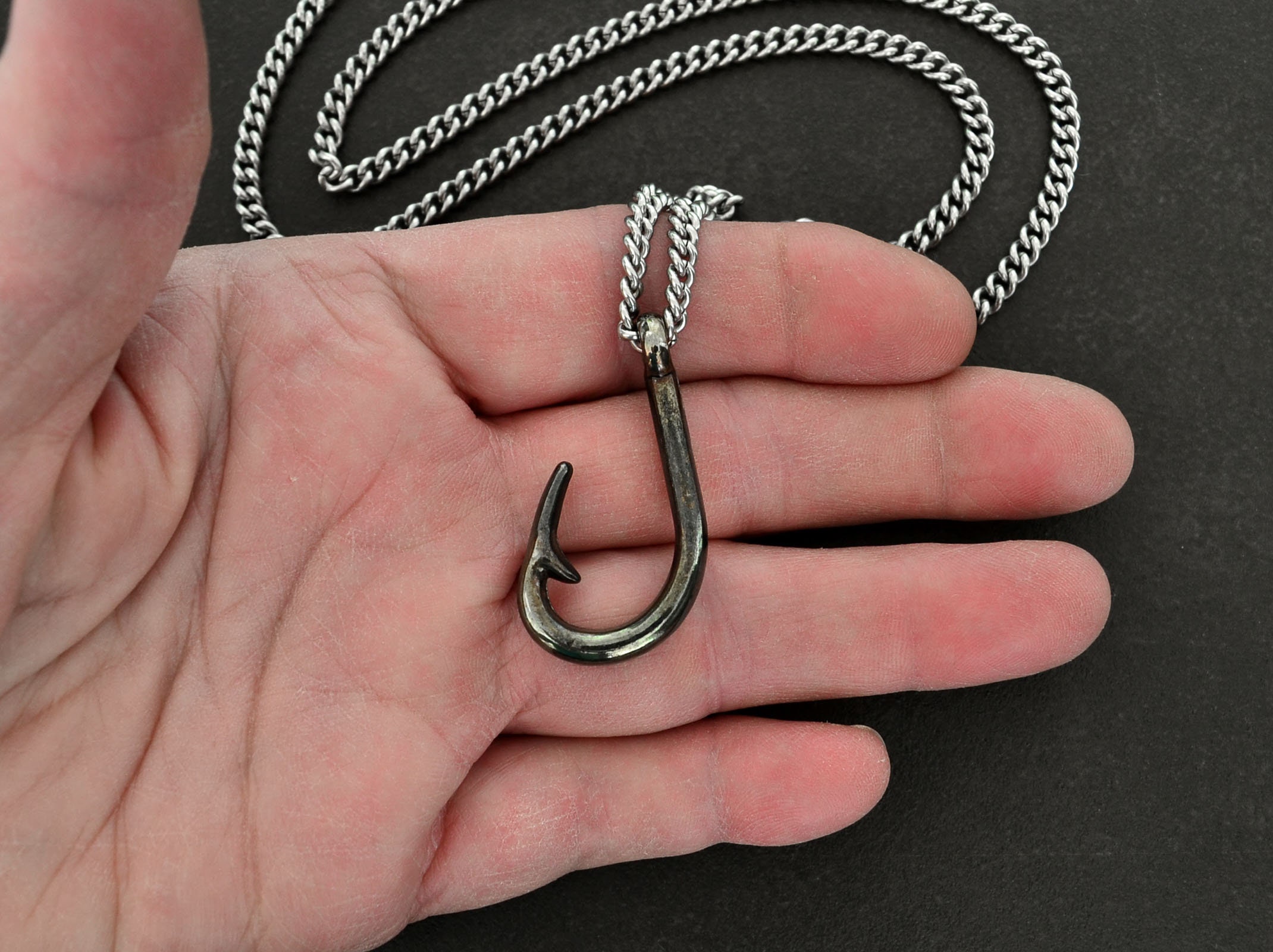 Fish Hook Necklace with Stainless Steel Curb Chain, Gunmetal Fish Hook Pendant Necklace, Gift for Him