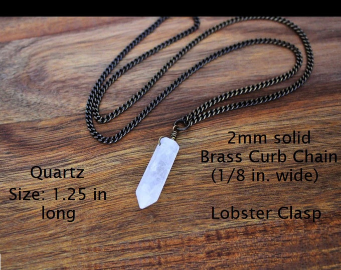 Quartz Necklace, With Brass Chain, Wire Wrapped Crystal, 3.99 Shipping