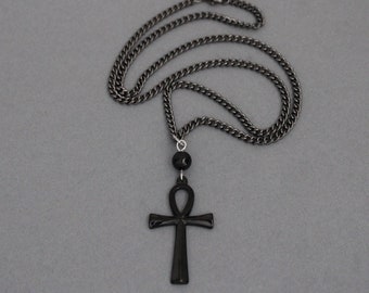 ANKH Necklace - Sterling Silver Linked Black Onyx Bead And Gunmetal Curb Chain, Necklaces For Men, Bcb