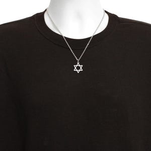 3 Sizes Star Of David Necklace. Small Star Shown. Waterproof. Magen David. Light Cable, Rolo, Medium Cable. Stainless Steel. plch, rlo, 106