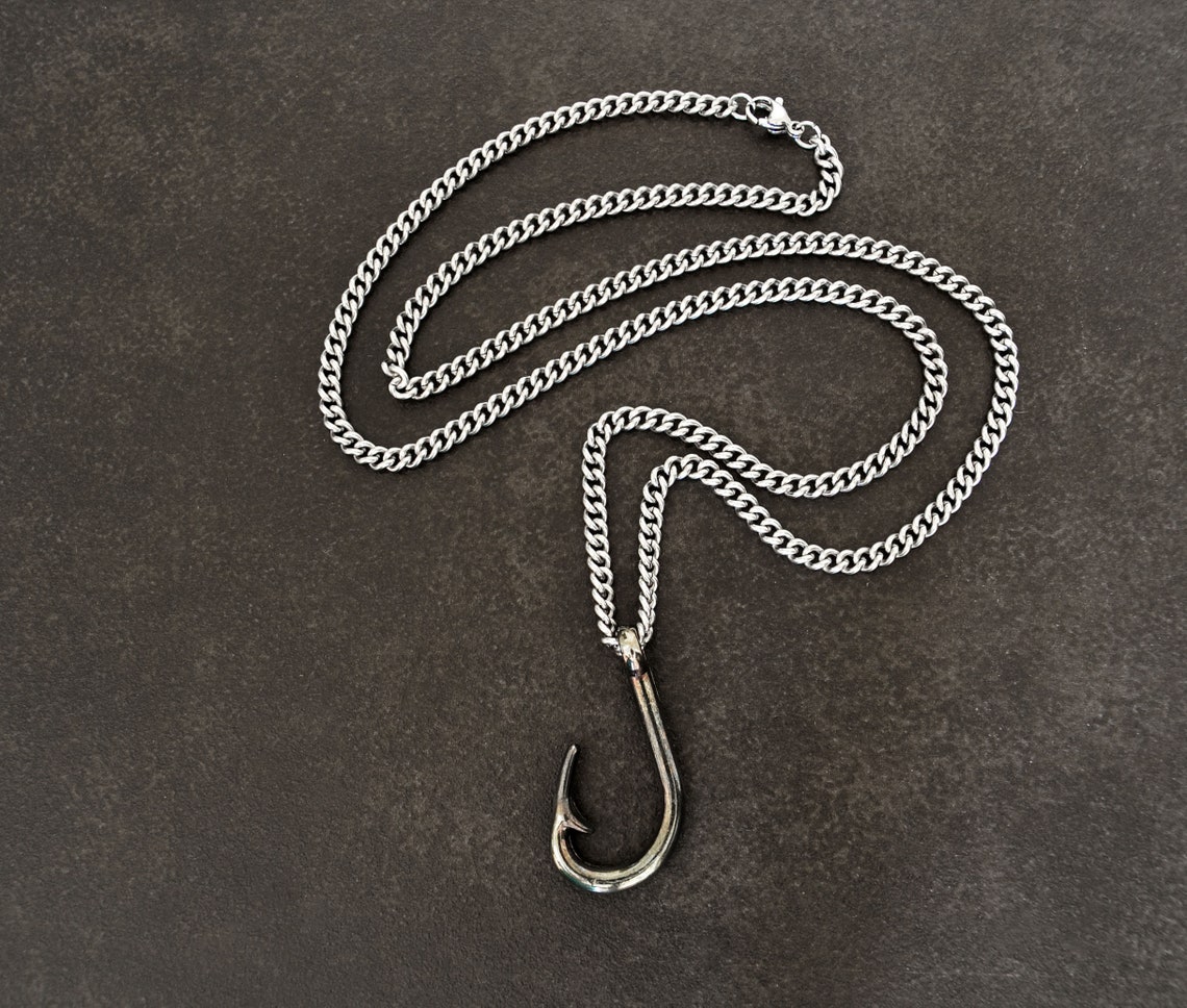 Mens Fish Hook Necklace Stainless Steel Curb Chain Necklace Etsy