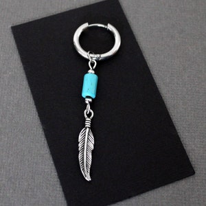 Turquoise Hoop Earring, Mans Feather Hoop, Gypsy Earring, Mans Earring, Stainless Steel Hoop Earring