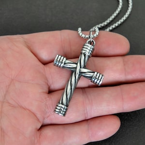 Silver Twist Cross, Necklace for Men, Heavy Stainless Steel Cross on ...