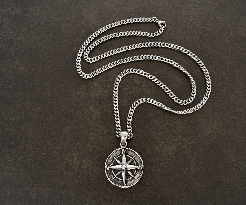 Compass Chain. Amazon Steel Compass Necklace With Curb Chain, Man's Necklace Gift, Stainless ...