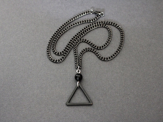 Black Triangle Necklace, Sterling Wire Link, Black Onyx Bead, Gunmetal Curb Chain - Mans Necklace - BCB