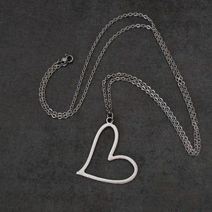 Heart Necklace Statement Necklace Silver Pendant on Long Chain plch
