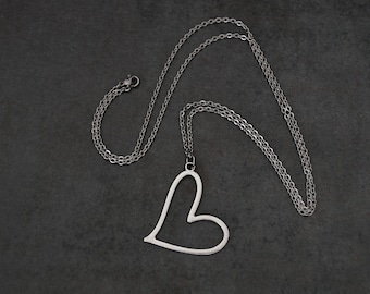 Heart Necklace Statement Necklace Silver Pendant on Long Chain plch