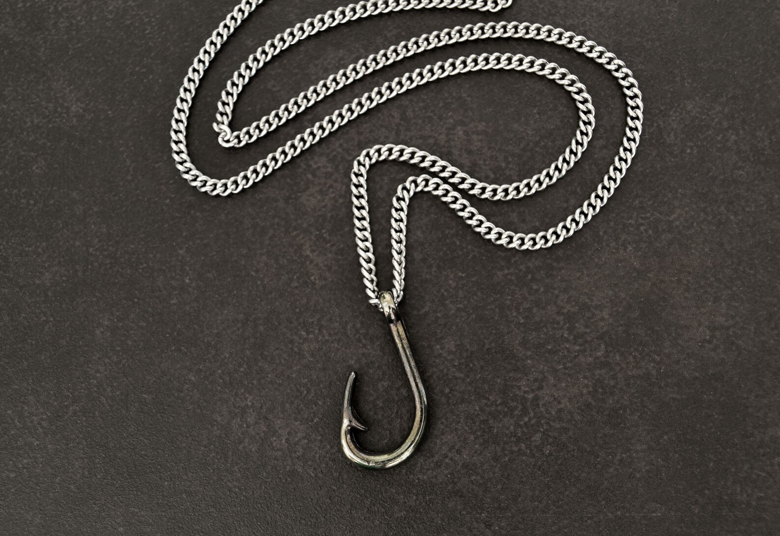 Mens Fish Hook Necklace Stainless Steel Curb Chain Necklace Etsy