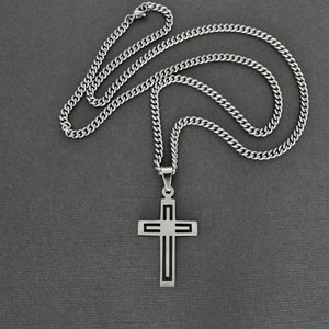 Silver Cross Necklace Geometric Linear Style Classic Necklace, Stainless Steel Cross Pendant And Chain, Cross Pendant Jewelry
