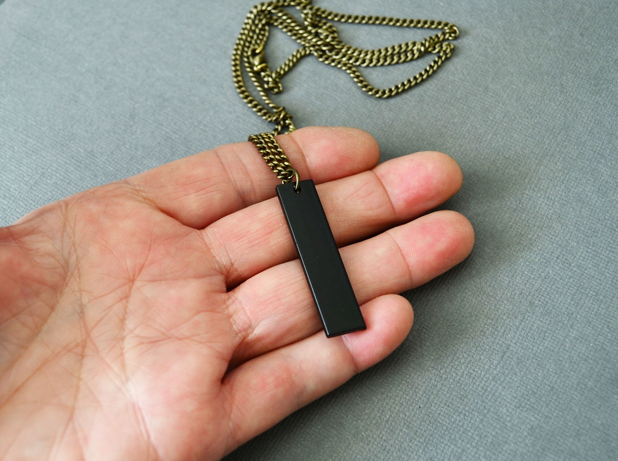 Bar Necklace for Men Mens Black Bar Pendant on Brass Curb Etsy