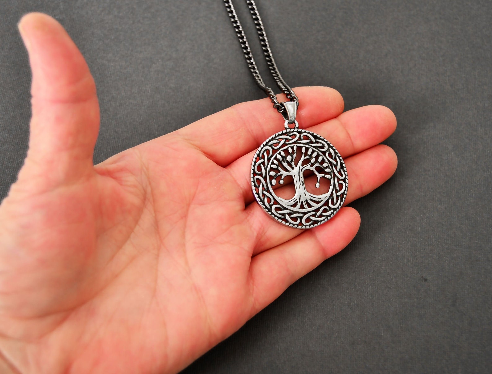Men's Necklace Large Tree of Life Pendant with Black Curb Etsy