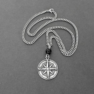 Compass Necklace, Black Onyx Sterling Silver Bead Link, Stainless Steel Curb Chain, Mans Necklace, GIFTS FOR HIM