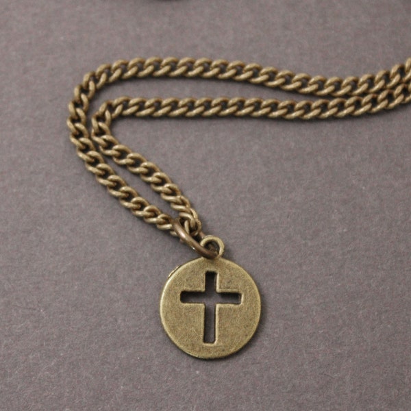Small Cross Necklace, Brass Cross on Brass Curb Chain