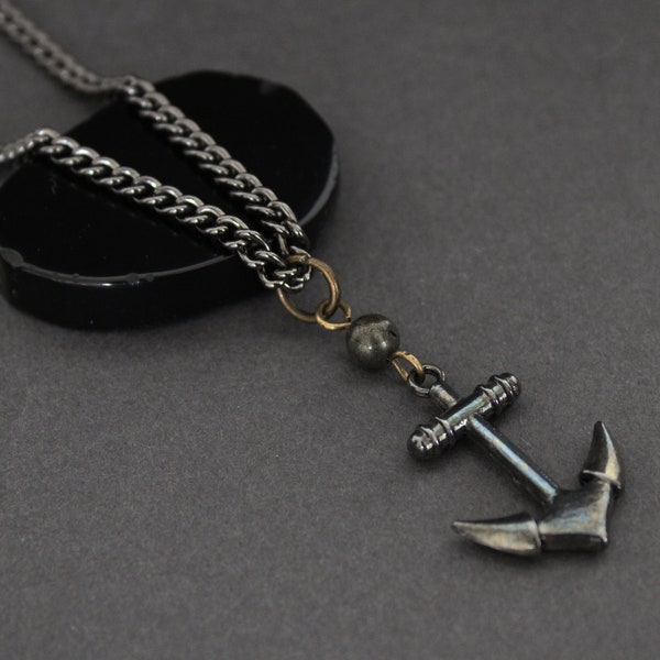 Gunmetal ANCHOR With Pyrite Bead On Gunmetal Steel Curb Chain, Lobster Clasp