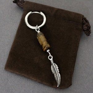 Tigers Eye Feather Hoop Earring For A Man, Mans Earring, Gypsy Earring, Mans Dangle Earring, Mans Hoop Earring