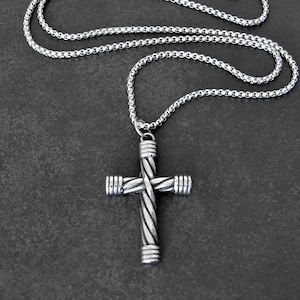 Bold Silver Twist Cross, Necklace for Men, Heavy Stainless Steel Cross on Box Chain
