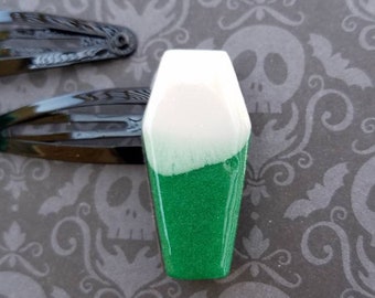 Coffin Barrette Set, Green and White Hair Clips