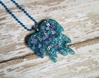 Kawaii Dripping Heart Inspired Hand Poured Molded Resin Necklace- Blue Glitter