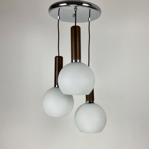 Mid century Modern Cascade Chandelier  / Chrome, Wood  & White Glass  / 80s Yugoslavia