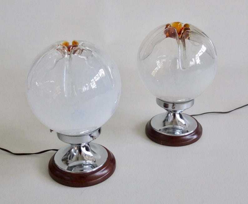 Vintage Mazzega Style Table Lamp Pair Murano Art Glass Globe Space Age Set of Two Bedside Lights 70/'s Italy