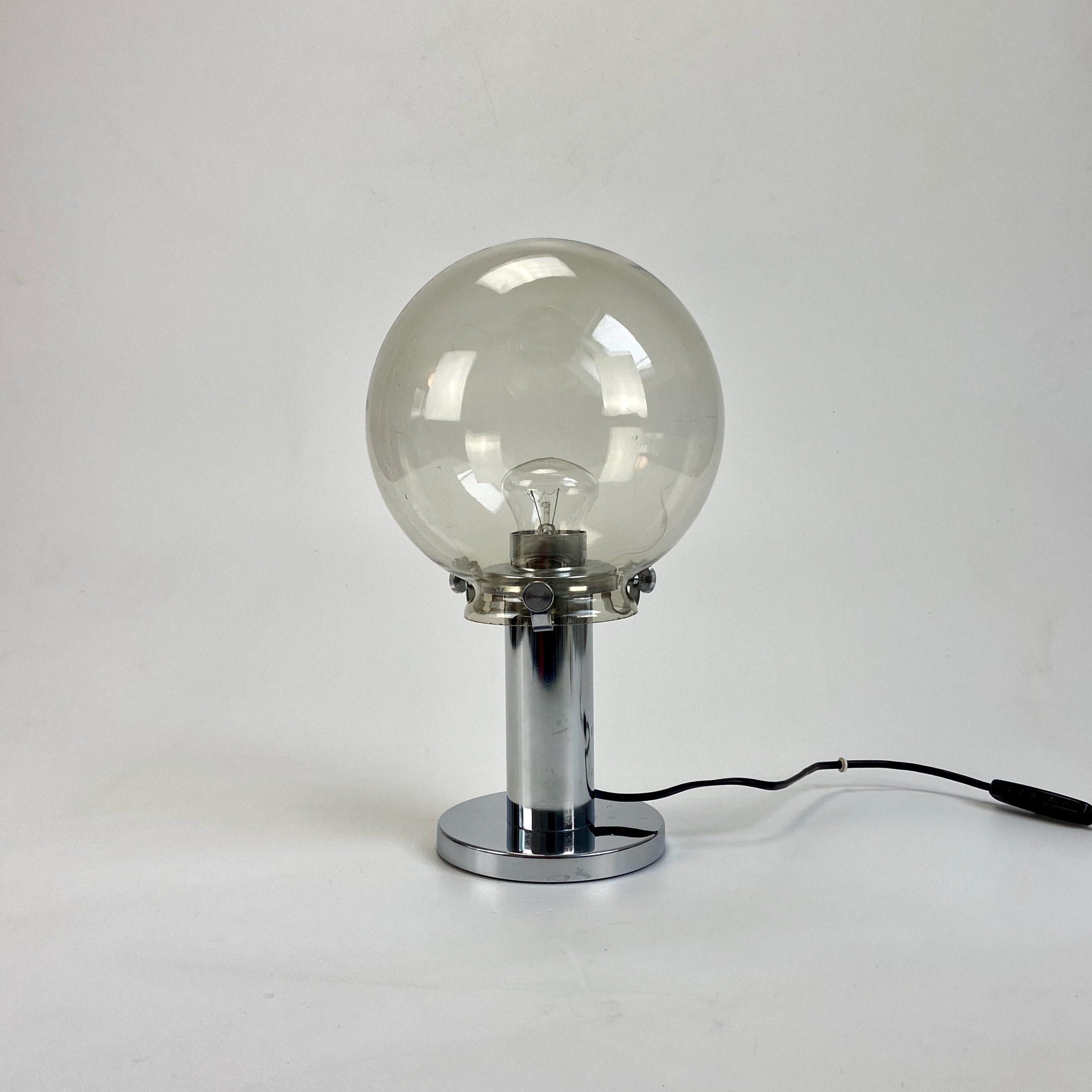 Mid Century Modern Smoked Glass Globe & Chrome Table Lamp