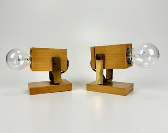 Vintage Viereckige Holz & Messing Wandlampe Paar / verstellbare Wandlampen / 80s Italy
