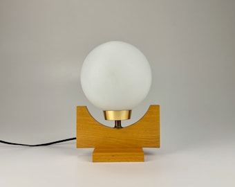 MCM Table  Lamp / Bedside Light  / Wood & White Glass Globe