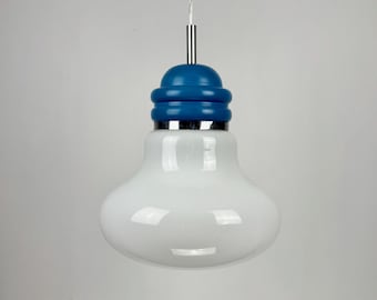 Mid Century Oversized Bulb Pendant Lamp - Hanging Ceiling Light - 60s Italy - Blue & White Glass