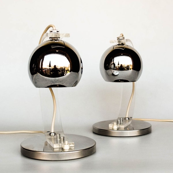 RESERVED Pair of Mid Century Modern Eyeball Desk Lamps /  Meblo Guzzini / Bedside Table Lamps / Design Classic Lighting / Plexiglass Chrome