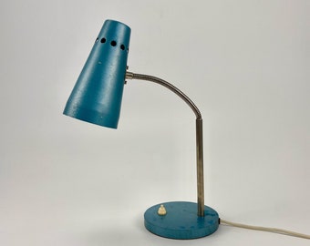 Vintage MCM  Gooseneck Office Lamp / Mid Century  Industrial Desk Lamp / Metallic Blue